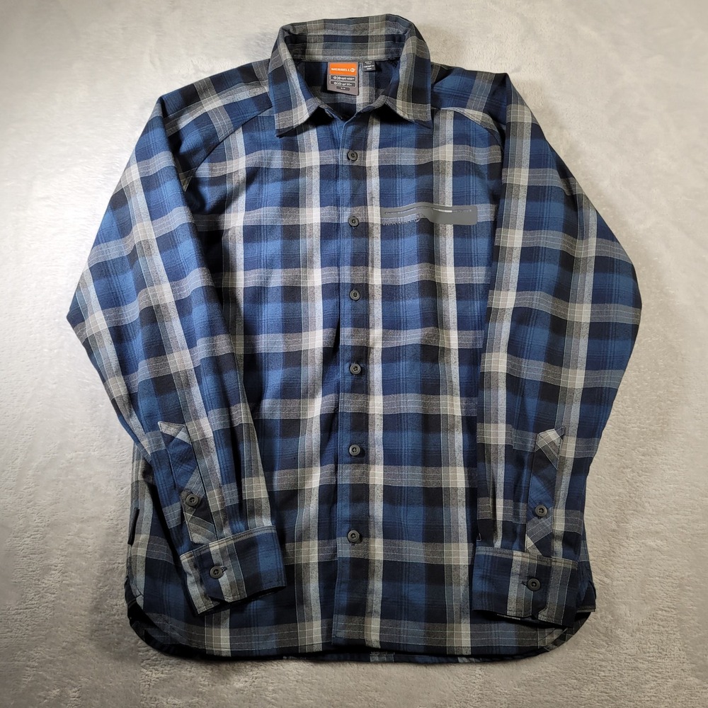 Merrell Flannel Shirt Mens Small Blue Grey Plaid Button Down Opti-Wick UPF 30+